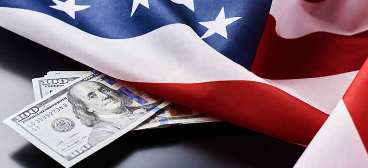 dollar notes under US flag
